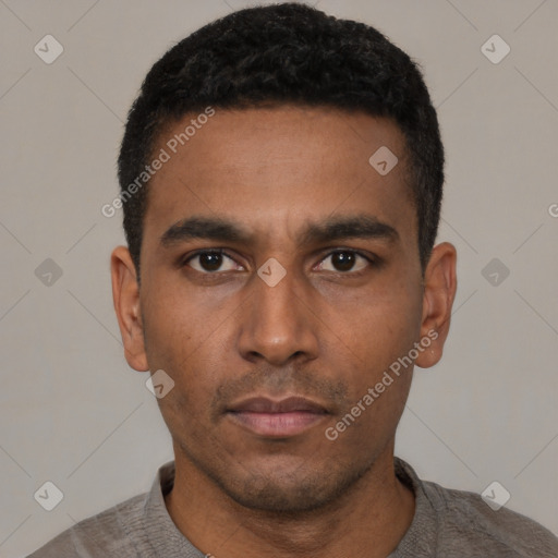 Neutral latino young-adult male with short  black hair and brown eyes
