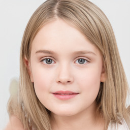 Joyful white child female with medium  brown hair and grey eyes