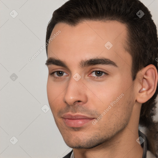 Neutral white young-adult male with short  brown hair and brown eyes