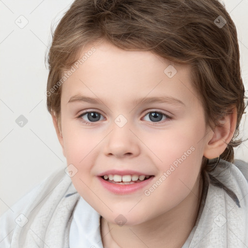 Joyful white child female with medium  brown hair and brown eyes