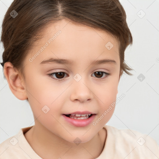 Joyful white child female with short  brown hair and brown eyes