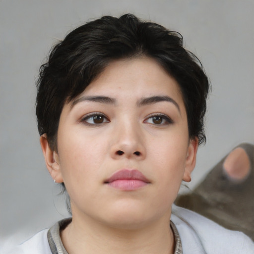Neutral asian young-adult female with short  brown hair and brown eyes
