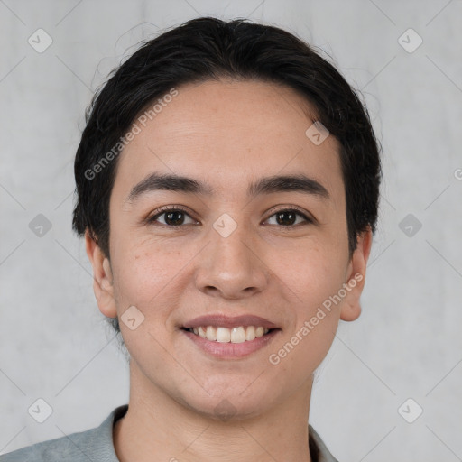 Joyful white young-adult male with short  black hair and brown eyes