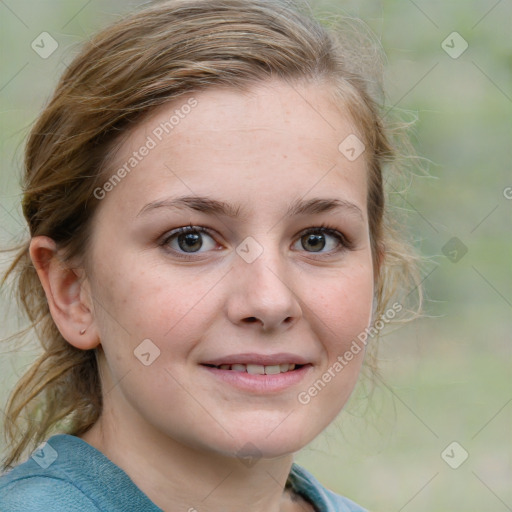 Joyful white young-adult female with medium  brown hair and blue eyes