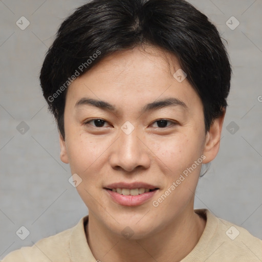 Joyful asian young-adult female with short  brown hair and brown eyes