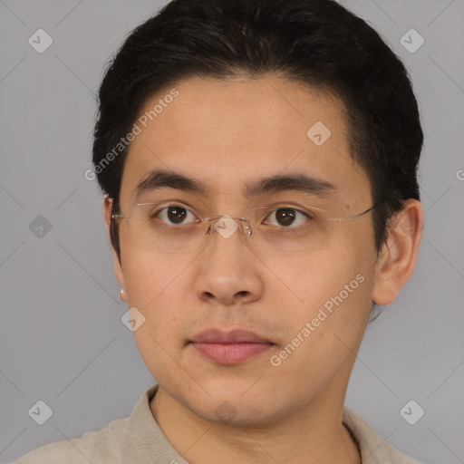 Neutral asian young-adult male with short  brown hair and brown eyes