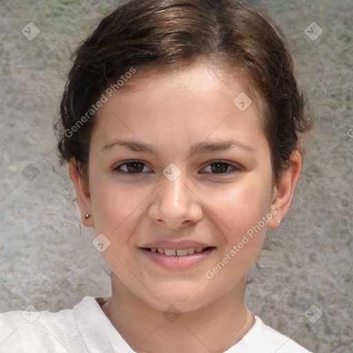 Joyful white child female with short  brown hair and brown eyes