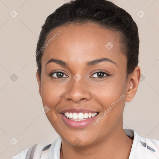 Joyful white young-adult female with short  brown hair and brown eyes