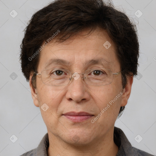 Joyful white middle-aged male with short  brown hair and brown eyes