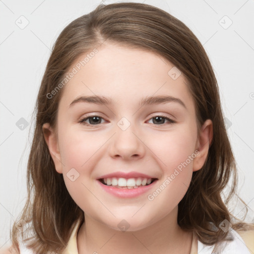 Joyful white child female with medium  brown hair and brown eyes