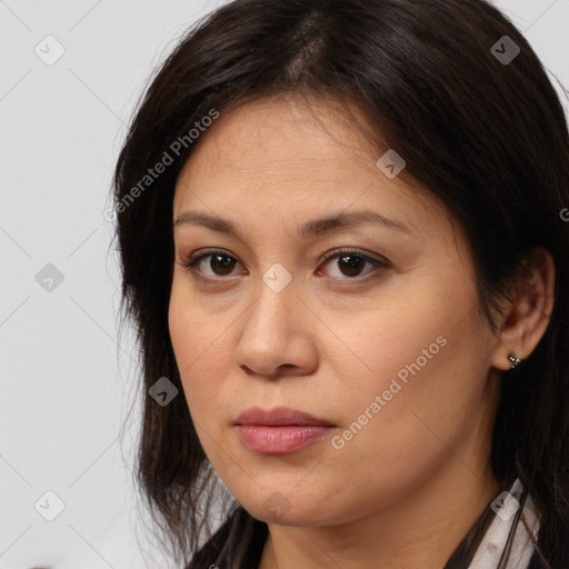 Joyful white young-adult female with medium  brown hair and brown eyes