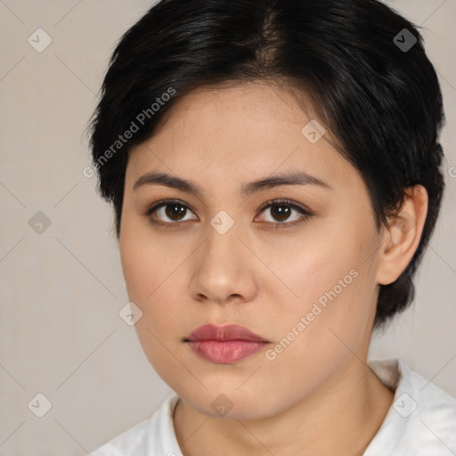 Neutral asian young-adult female with medium  brown hair and brown eyes