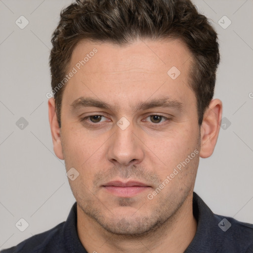 Neutral white adult male with short  brown hair and brown eyes