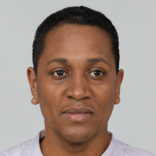 Neutral black adult female with short  black hair and brown eyes