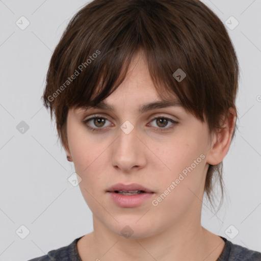 Neutral white young-adult female with medium  brown hair and brown eyes