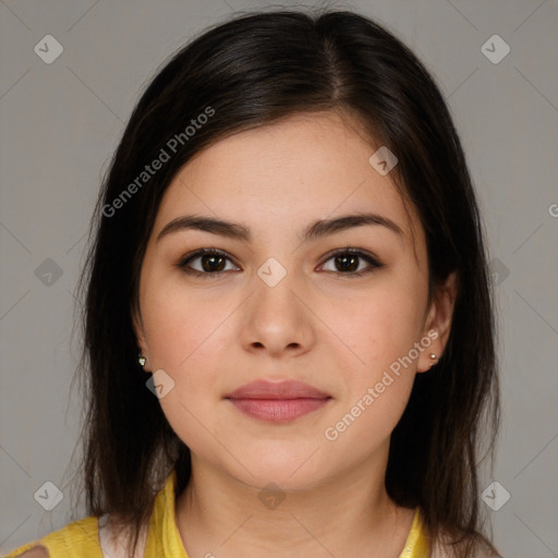 Neutral white young-adult female with medium  brown hair and brown eyes