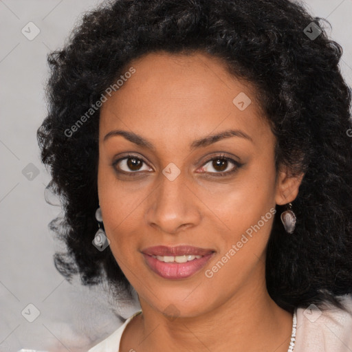 Joyful latino young-adult female with long  black hair and brown eyes