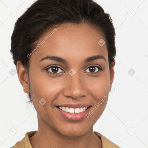 Joyful white young-adult female with short  brown hair and brown eyes