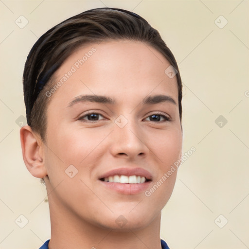 Joyful white young-adult female with short  brown hair and brown eyes