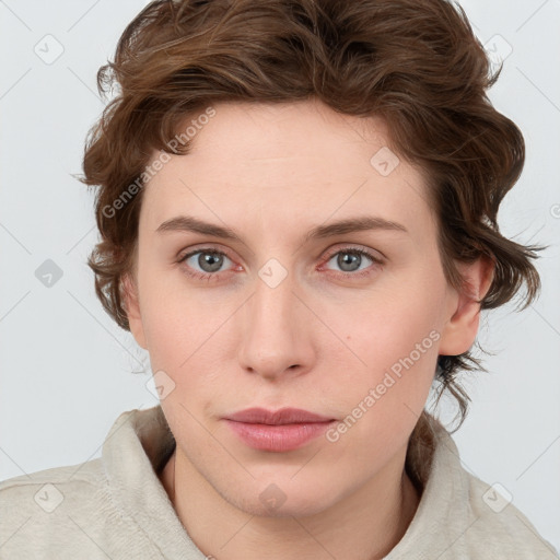 Neutral white young-adult female with medium  brown hair and blue eyes