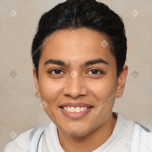 Joyful latino young-adult male with short  brown hair and brown eyes