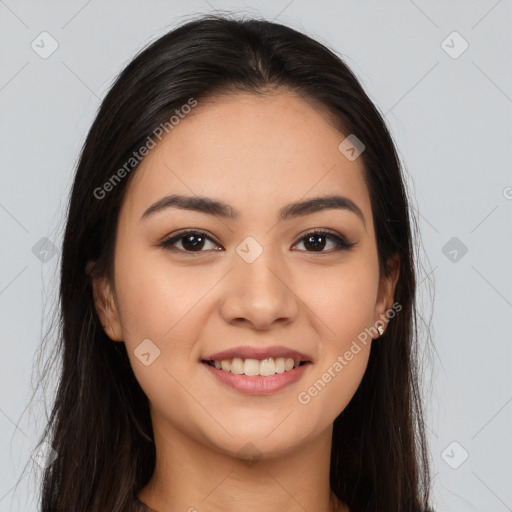 Joyful white young-adult female with long  brown hair and brown eyes