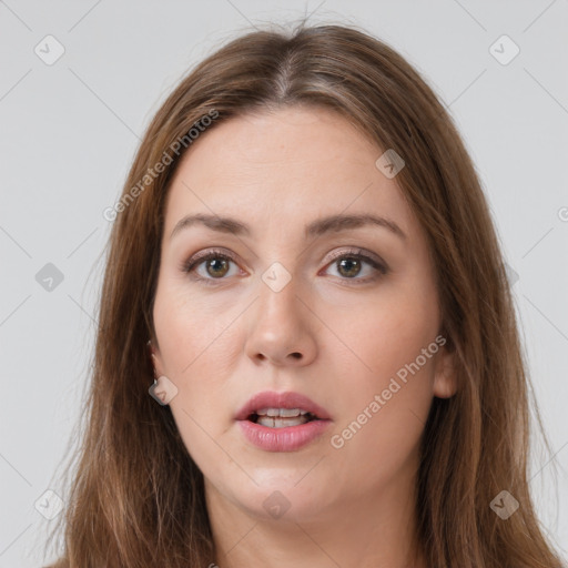 Neutral white young-adult female with long  brown hair and brown eyes