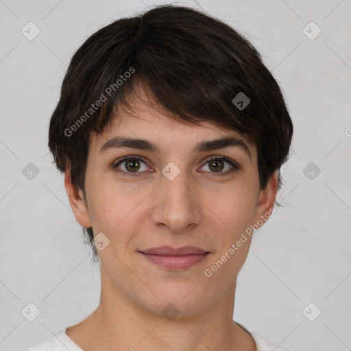 Joyful white young-adult female with short  brown hair and brown eyes