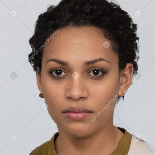 Neutral black young-adult female with short  black hair and brown eyes