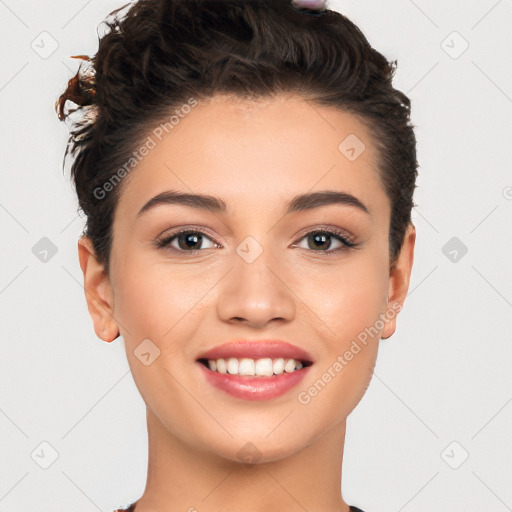 Joyful white young-adult female with short  black hair and brown eyes