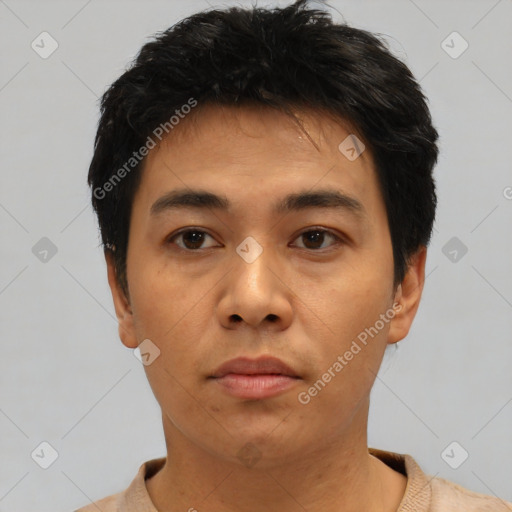 Neutral asian young-adult male with short  black hair and brown eyes