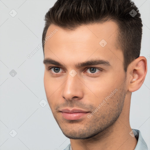 Neutral white young-adult male with short  brown hair and brown eyes