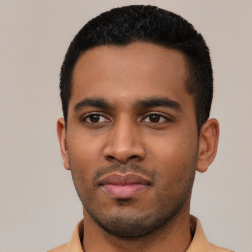 Neutral latino young-adult male with short  black hair and brown eyes