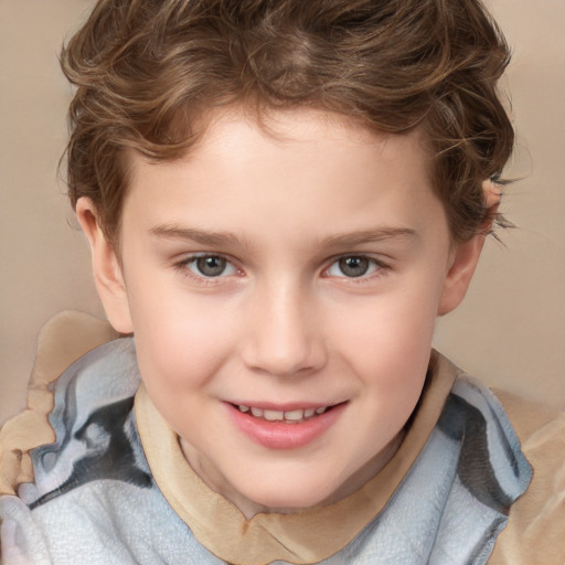 Joyful white child female with short  brown hair and brown eyes