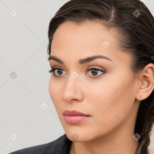 Neutral white young-adult female with long  brown hair and brown eyes