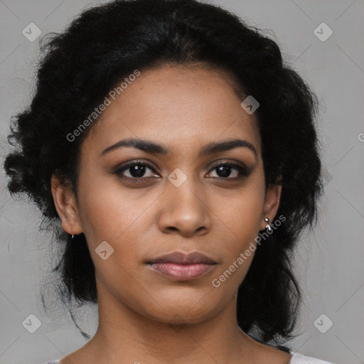 Joyful latino young-adult female with medium  black hair and brown eyes