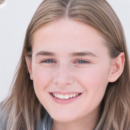 Joyful white young-adult female with long  brown hair and blue eyes