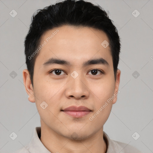 Neutral asian young-adult male with short  black hair and brown eyes