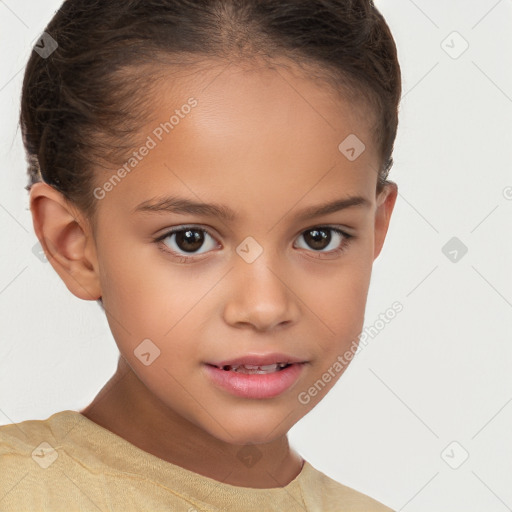 Joyful white child female with short  brown hair and brown eyes