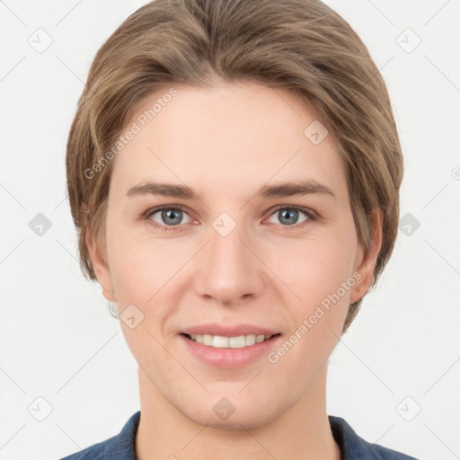 Joyful white young-adult female with short  brown hair and grey eyes