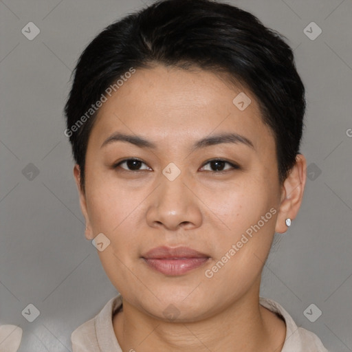 Joyful asian young-adult female with short  brown hair and brown eyes