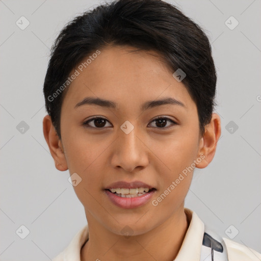 Joyful asian young-adult female with short  brown hair and brown eyes