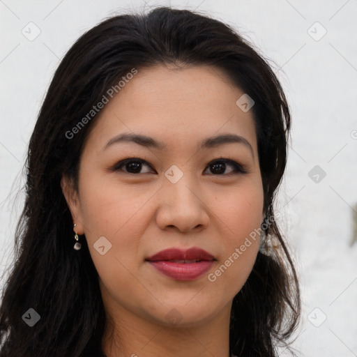 Joyful asian young-adult female with long  brown hair and brown eyes