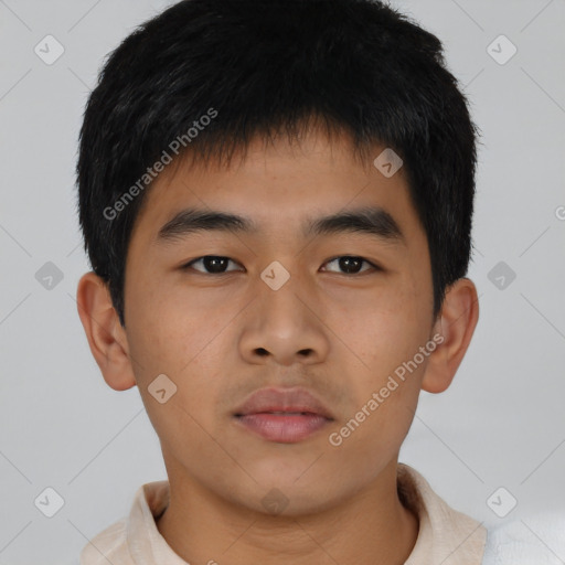 Neutral asian young-adult male with short  brown hair and brown eyes
