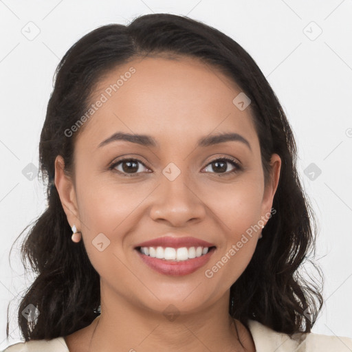 Joyful white young-adult female with long  brown hair and brown eyes