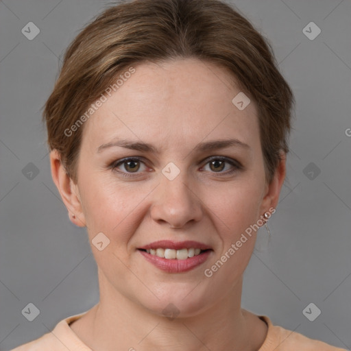 Joyful white young-adult female with short  brown hair and grey eyes