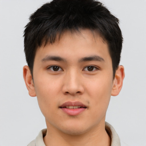 Neutral asian young-adult male with short  brown hair and brown eyes