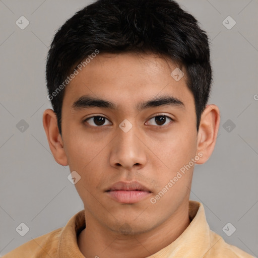 Neutral asian young-adult male with short  brown hair and brown eyes