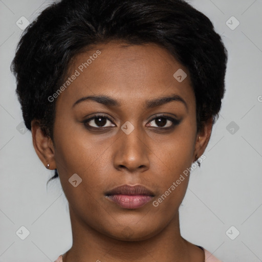 Neutral black young-adult female with short  black hair and brown eyes