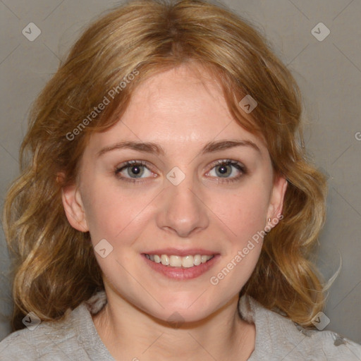 Joyful white young-adult female with medium  brown hair and blue eyes